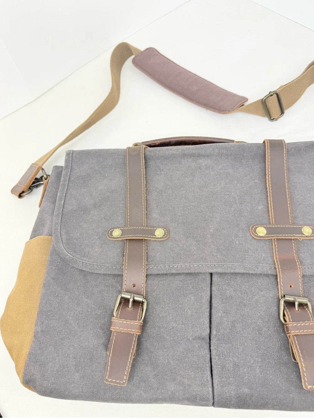 Newhey Gray Brown Thick Waxed Canvas Laptop Commuter Academic Satchel Bag
